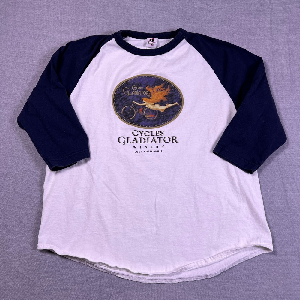 Badger Sport Cycles Gladiator Winery Baseball T-Shirt Mens Large White‎ Blue